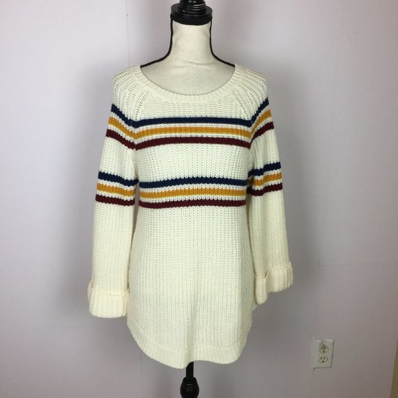 Alison Andrews Sweater Size M Womans Ivory Striped Knit Cuffed Sleeve Pullover - Picture 1 of 15